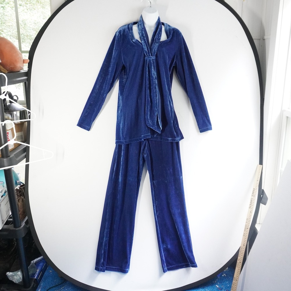 VTG City Hearts Blue Velvet Pant Set Long Sleeve Top‎ Matching Set Mature Party
